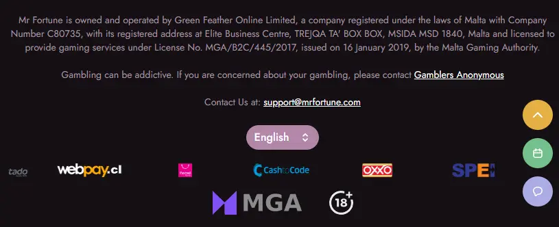 Support client et informations de licence Mr Fortune Casino